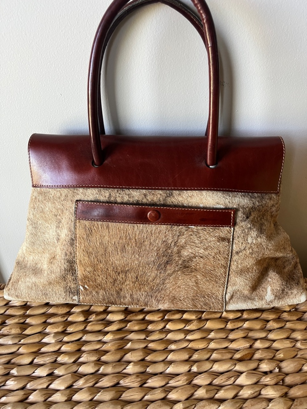 Large Foldover Leather & Haircalf Tote Bag - Picture 2 of 6